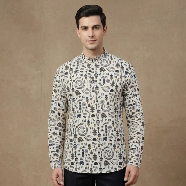 White_Cotton_Straight_Warli_Print_Shirt_For_Men