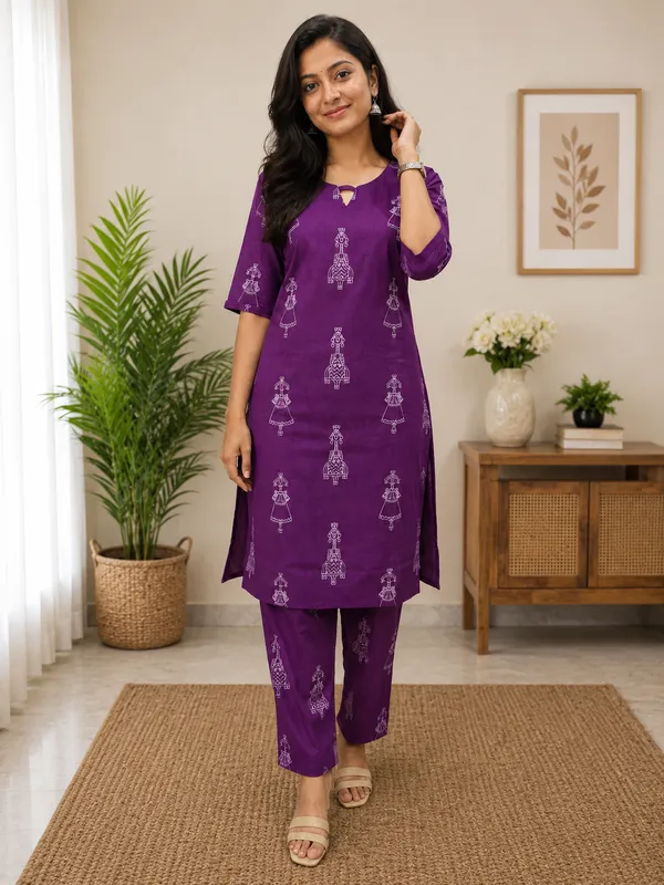 Purple_Cotton_Straight_Fit_Ethnic_Print_Kurta_Set_For_Women