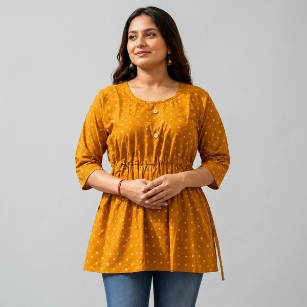 Mustard_Yellow_Cotton_Gathered_Waist_Geometric_Print_Tunic_For_Women