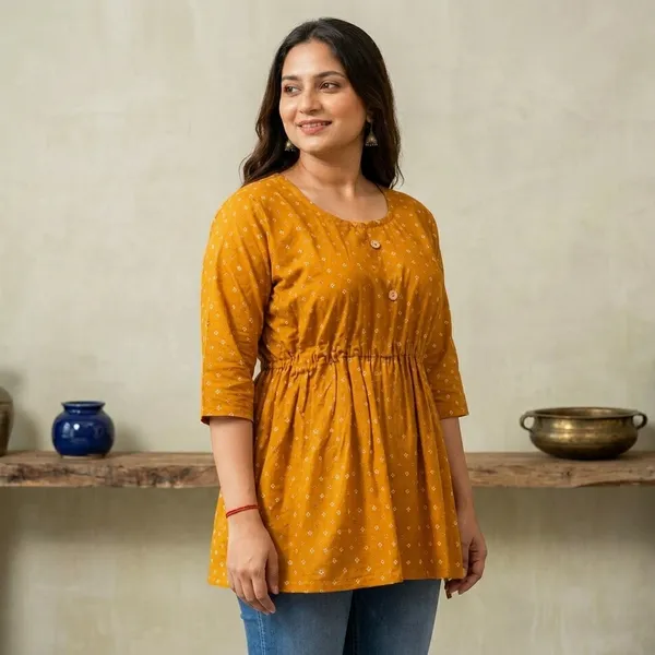 Mustard_Yellow_Cotton_Gathered_Waist_Geometric_Print_Tunic_For_Women