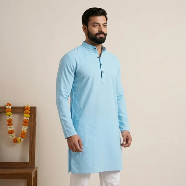 Sky_Blue_Cotton_Relaxed_Fit_Mandarin_Collar_Kurta_For_Men