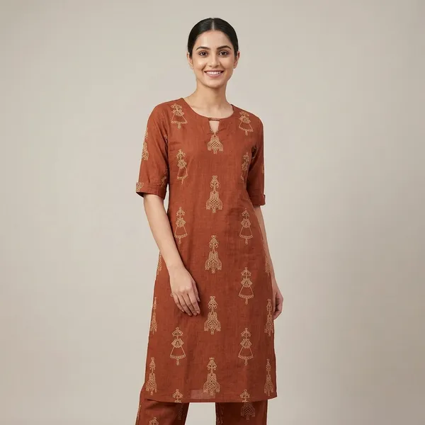 Rust_Brown_Cotton_Straight_Ethnic_Print_Kurta_Set_For_Women