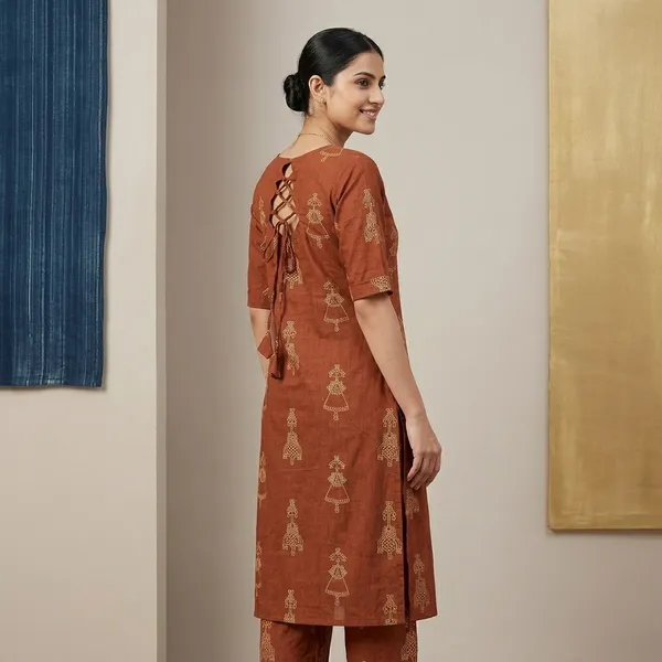 Rust_Brown_Cotton_Straight_Ethnic_Print_Kurta_Set_For_Women