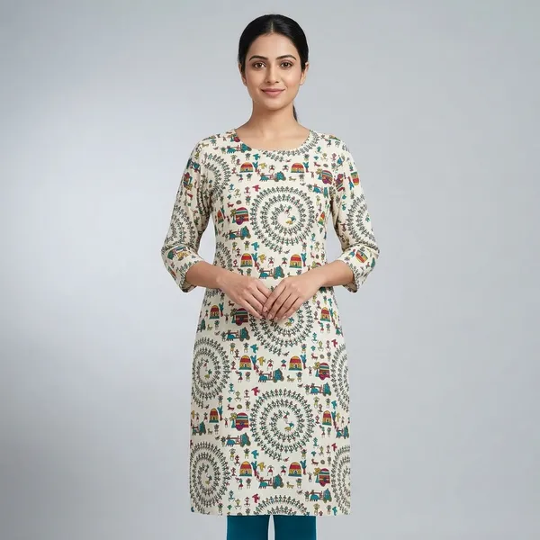 Multicolor_Cotton_Straight_Warli_Folk_Art_Print_Kurta_For_Women