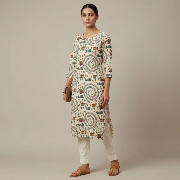 Multicolor_Cotton_Straight_Warli_Folk_Art_Print_Kurta_For_Women