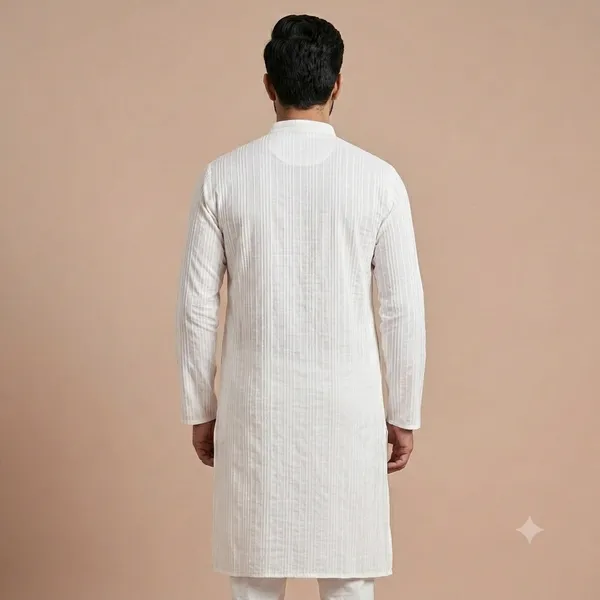 White_Cotton_Straight_Fit_Pintuck_Mandarin_Collar_Kurta_For_Men