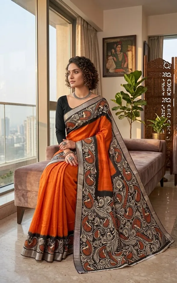 Orange_Bafta_Silk_Kalamkari_Print_Saree_For_Women