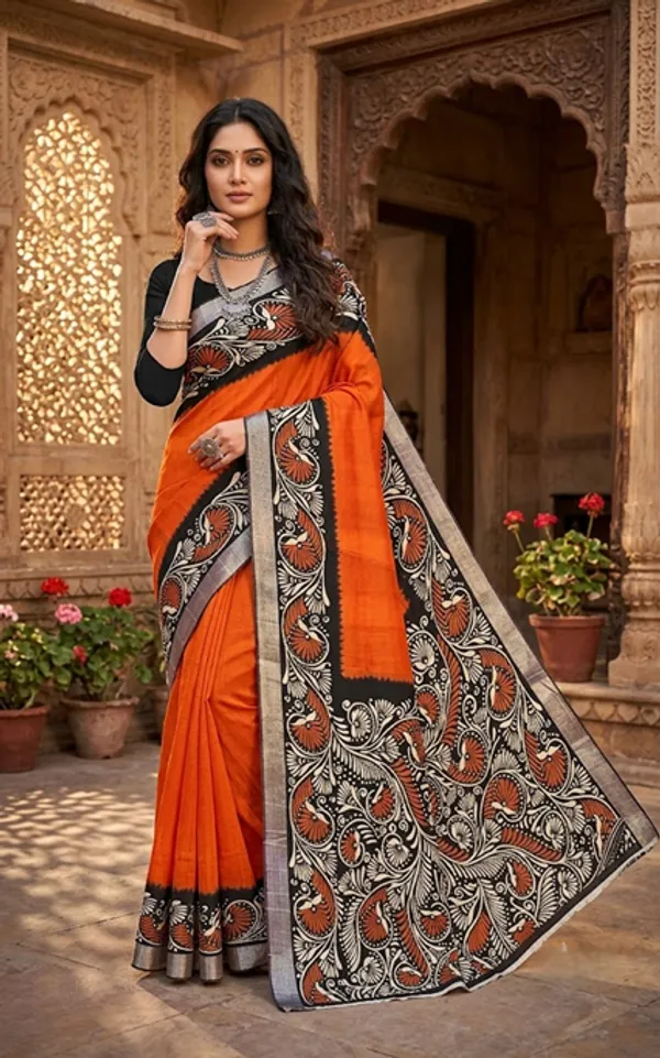 Orange_Bafta_Silk_Kalamkari_Print_Saree_For_Women