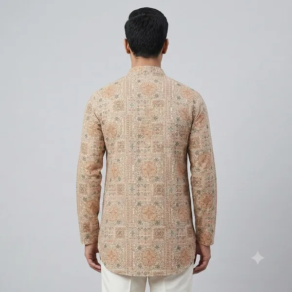 Beige_Cotton_Straight_Geometric_Tile_Print_Kurta_For_Men