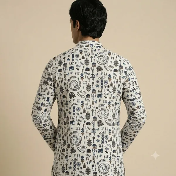 White_Cotton_Straight_Warli_Print_Shirt_For_Men