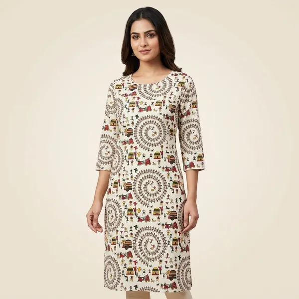 Multicolor_Cotton_Straight_Warli_Mandala_Print_Kurta_For_Women