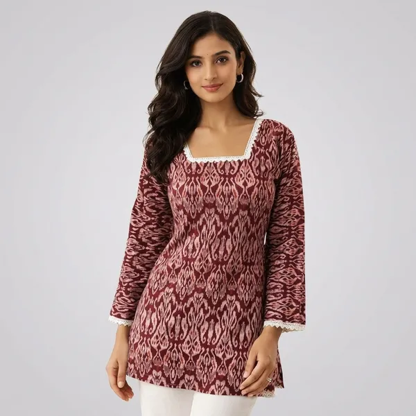 Maroon_Cotton_Ikat_Print_Tunic_Top_For_Women