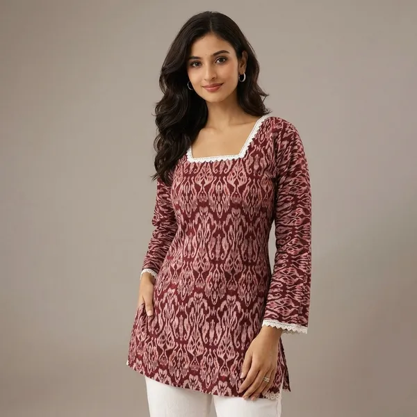 Maroon_Cotton_Ikat_Print_Tunic_Top_For_Women