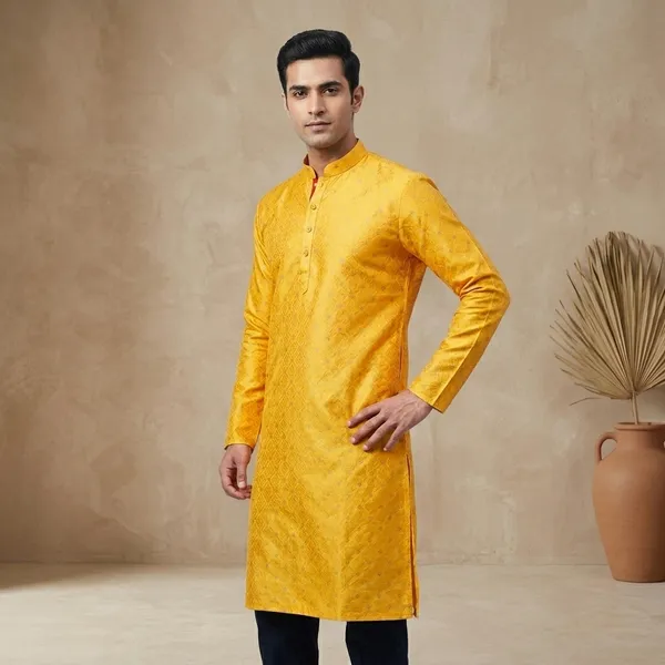 Yellow_Silk_Blend_Straight_Kurta_For_Men
