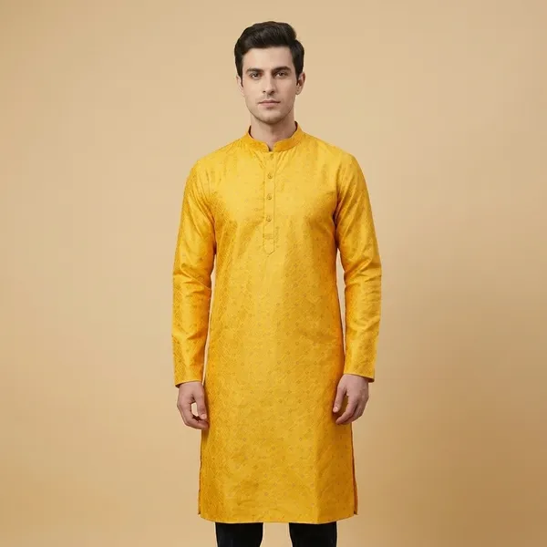Yellow_Silk_Blend_Straight_Kurta_For_Men