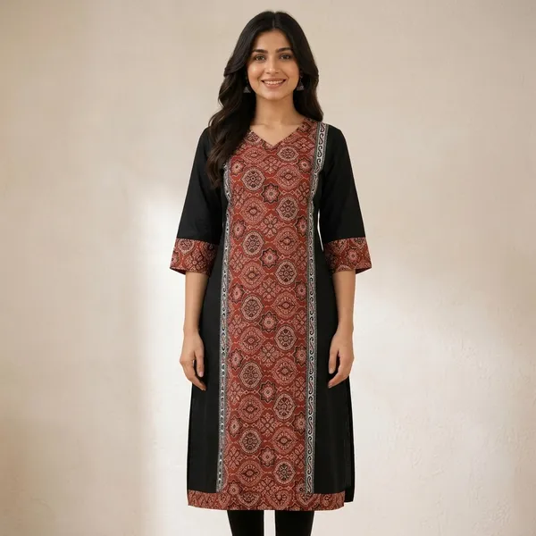 Black_Cotton_Straight_Fit_Printed_Panel_Kurta_For_Women