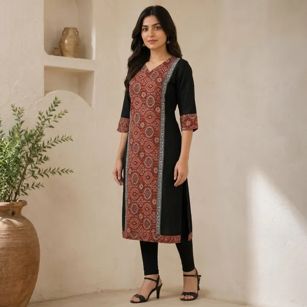 Black_Cotton_Straight_Fit_Printed_Panel_Kurta_For_Women