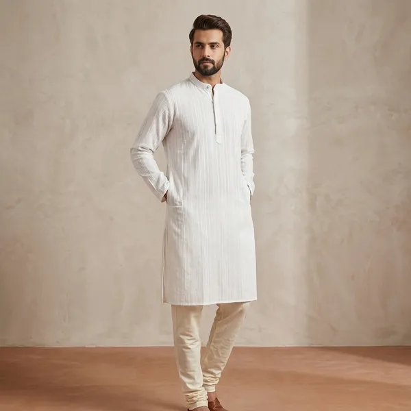 White_Cotton_Straight_Fit_Pintuck_Mandarin_Collar_Kurta_For_Men