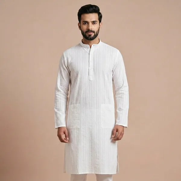 White_Cotton_Straight_Fit_Pintuck_Mandarin_Collar_Kurta_For_Men