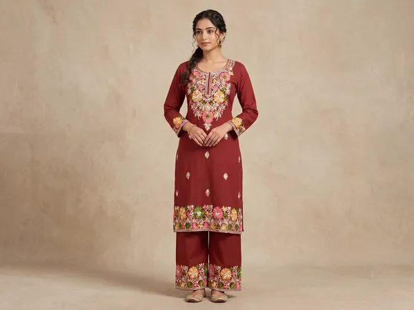 Rust_Viscose_Cotton_Straight_Floral_Embroidered_Kurti_Pant_Set_For_Women