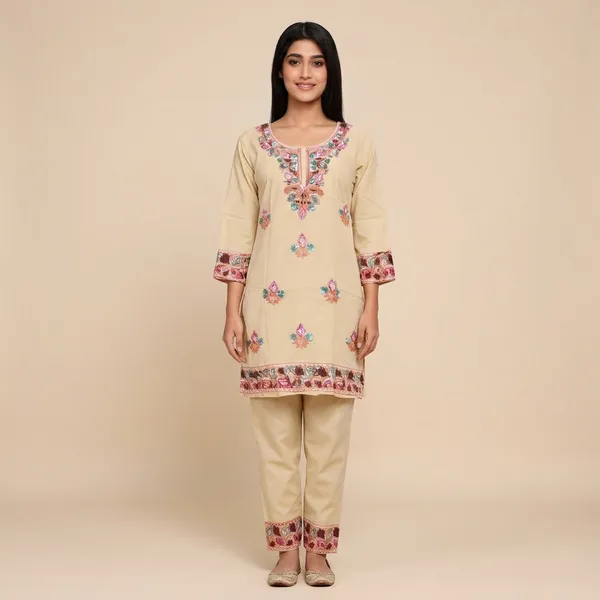 Yellow_Viscose_Cotton_Straight_Floral_Embroidered_Kurti_Pant_Set_For_Women