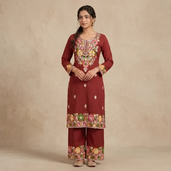 Rust_Viscose_Cotton_Straight_Floral_Embroidered_Kurti_Pant_Set_For_Women