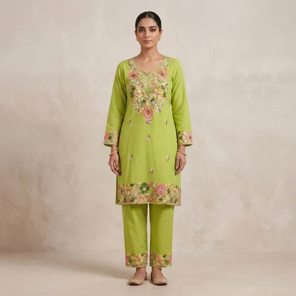 Green_Viscose_Cotton_Straight_Floral_Embroidered_Kurti_Pant_Set_For_Women