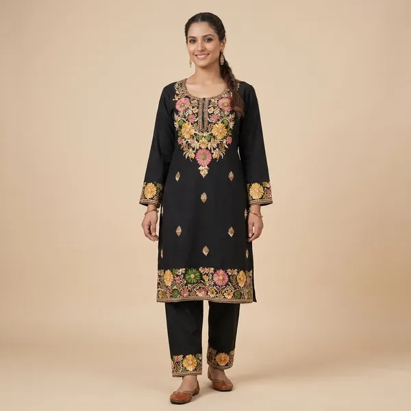 Black_Viscose_Cotton_Straight_Floral_Embroidered_Kurti_Pant_Set_For_Women