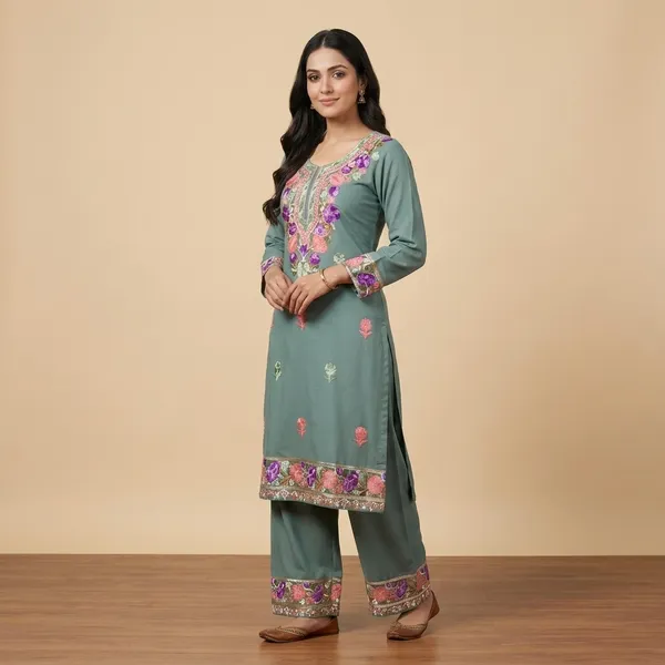 Teal_Viscose_Cotton_Relaxed_Embroidered_Kurti_Pant_Set_For_Women