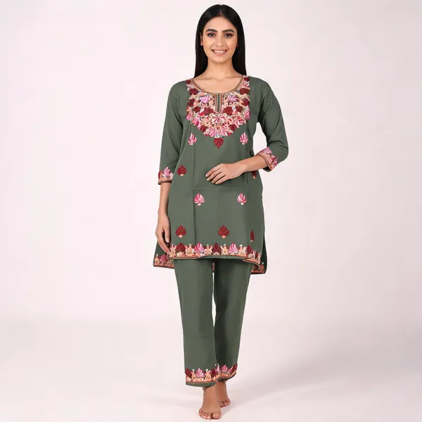 Green_Viscose_Cotton_Straight_Embroidered_Kurti_Pant_Set_For_Women