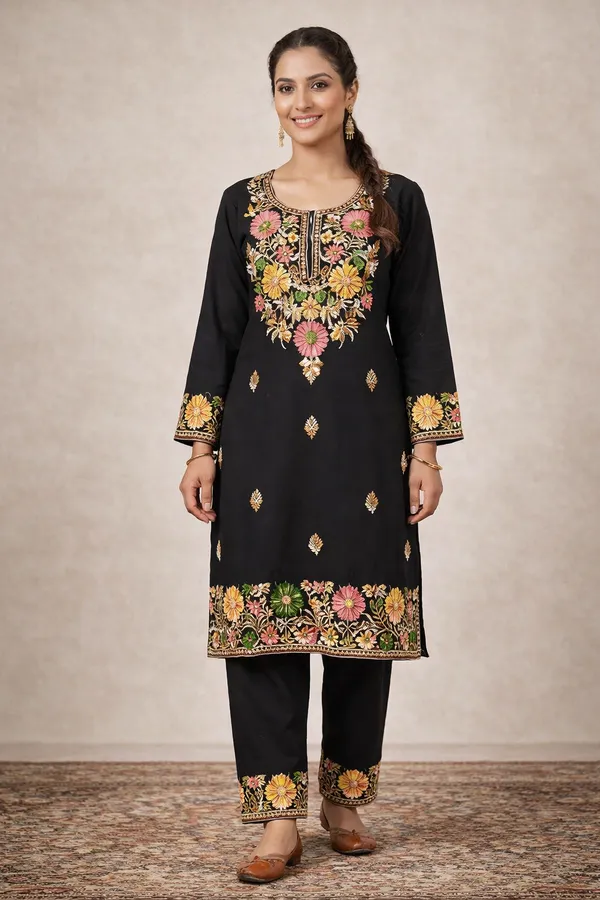 Black_Viscose_Cotton_Straight_Floral_Embroidered_Kurti_Pant_Set_For_Women