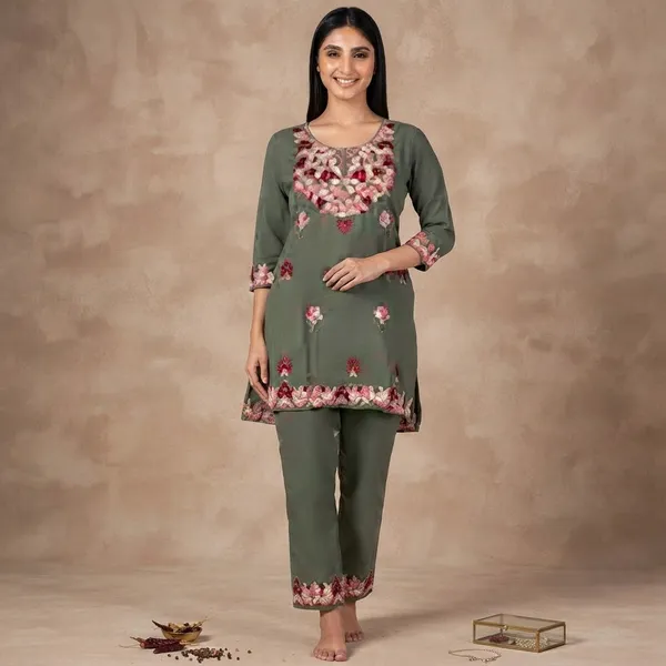 Green_Viscose_Cotton_Straight_Embroidered_Kurti_Pant_Set_For_Women