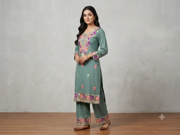 Teal_Viscose_Cotton_Relaxed_Embroidered_Kurti_Pant_Set_For_Women