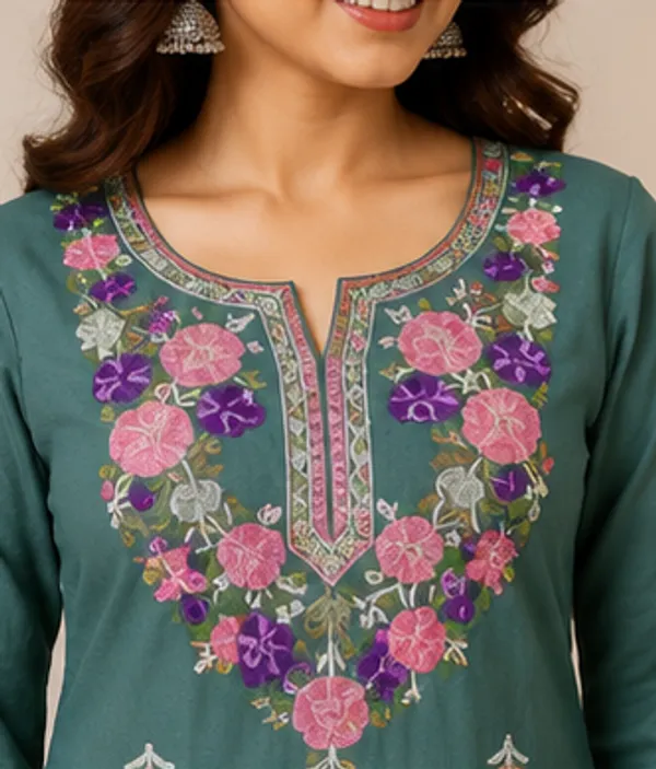 Teal_Viscose_Cotton_Relaxed_Embroidered_Kurti_Pant_Set_For_Women
