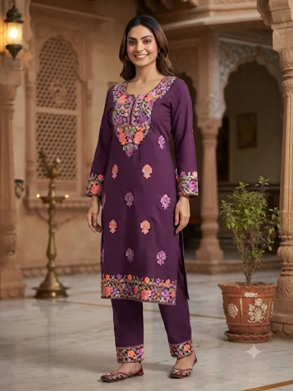 Purple_Viscose_Cotton_Straight_Embroidered_Kurti_Pant_Set_For_Women