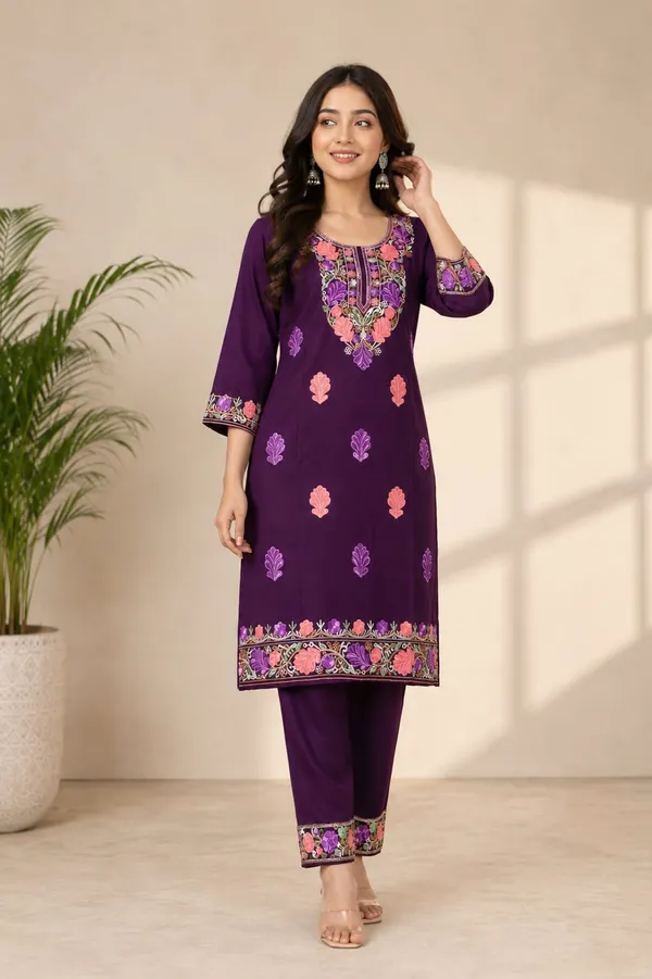 Purple_Viscose_Cotton_Straight_Embroidered_Kurti_Pant_Set_For_Women