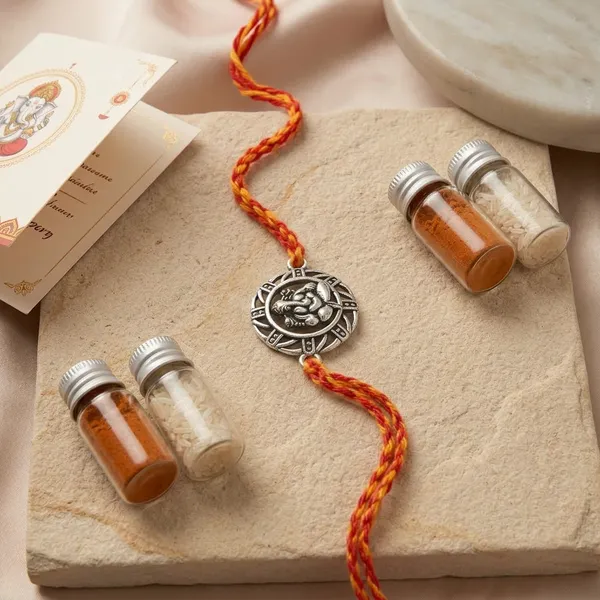 Silver_Sun_Thread_Rakhi_For_Brother_With_Kumkum_Chawal_Bottle_And_Greeting_Card