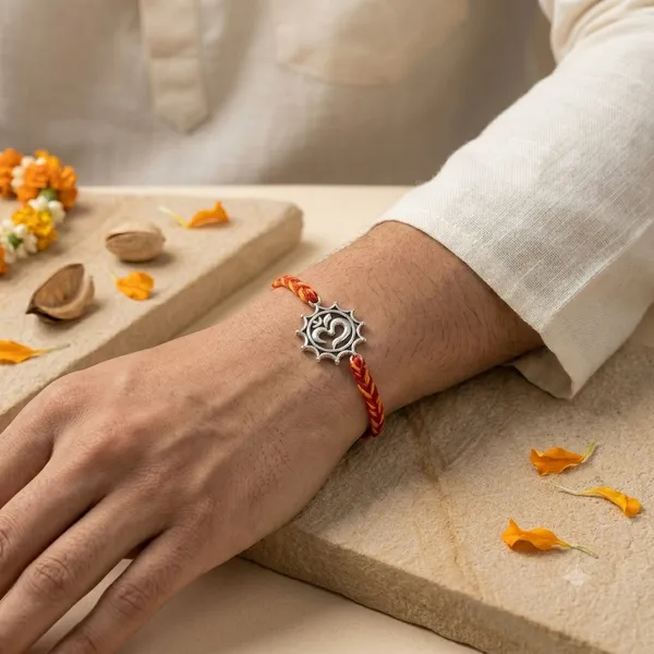 Silver_Om_Rakhi_Set_With_Red_And_Yellow_Thread