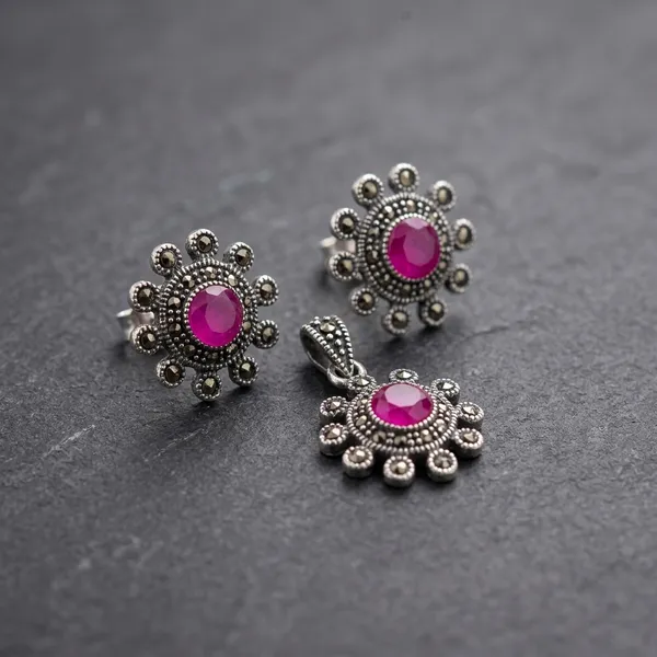 925_Silver_Pink_Stone_Floral_Earrings_And_Pendant_Set