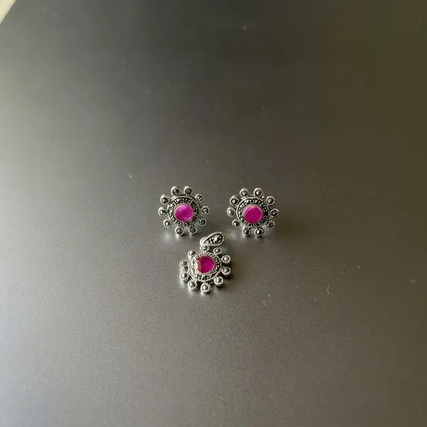 925_Silver_Pink_Stone_Floral_Earrings_And_Pendant_Set