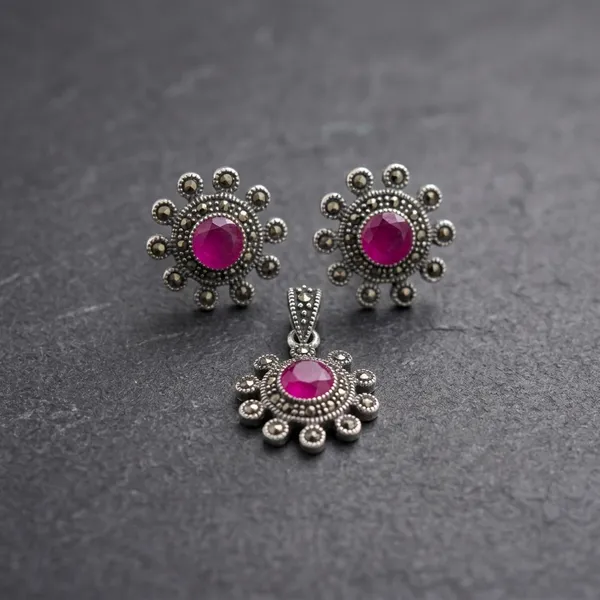 925_Silver_Pink_Stone_Floral_Earrings_And_Pendant_Set