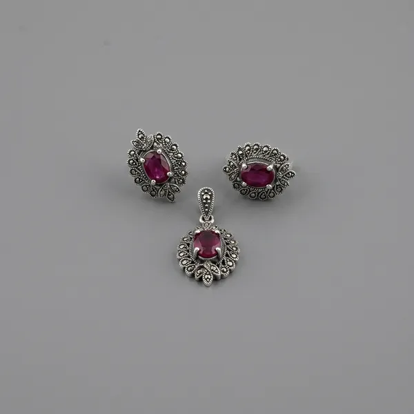 Red_Stone_925_Silver_Antique_Finish_With_Marcasite_Pendant_Earring_Set_For_Women