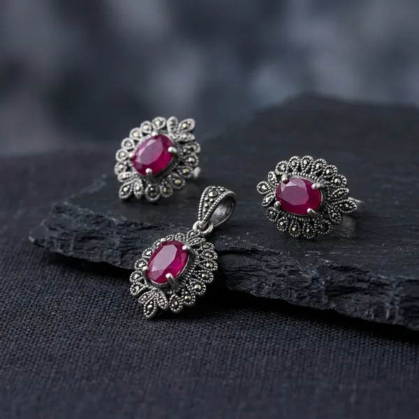 Red_Stone_925_Silver_Antique_Finish_With_Marcasite_Pendant_Earring_Set_For_Women