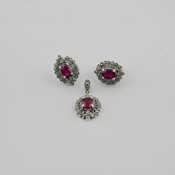 Red_Stone_925_Silver_Antique_Finish_With_Marcasite_Pendant_Earring_Set_For_Women