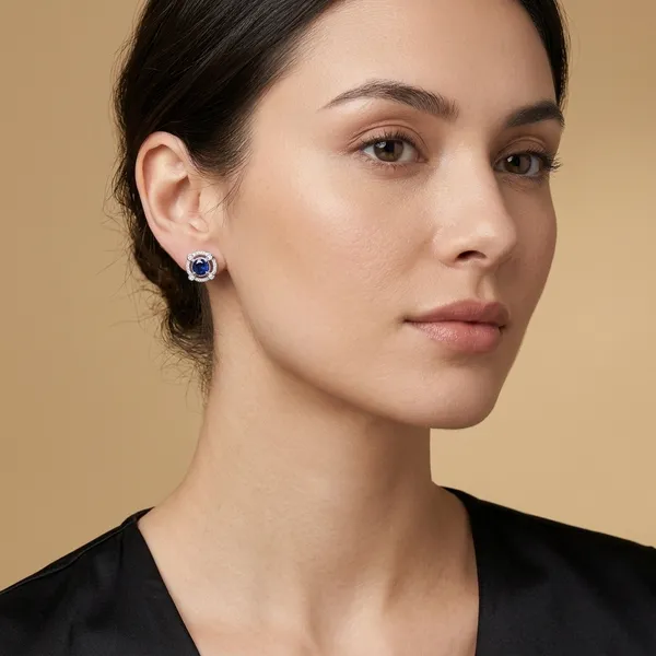 925_Silver_Blue_Sapphire_Halo_Stud_Earrings_For_Women