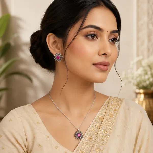 925_Silver_Pink_Stone_Floral_Earrings_And_Pendant_Set