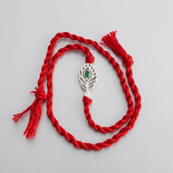 925_Silver_Peacock_Red_Thread_Rakhi_With_Green_Stone