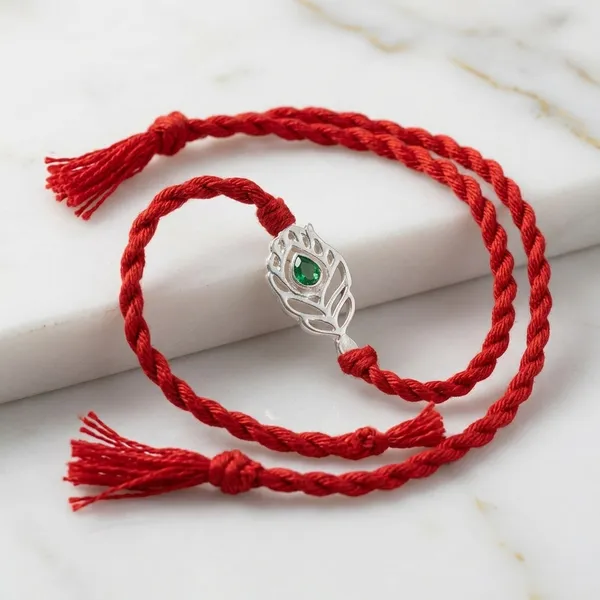 925_Silver_Peacock_Red_Thread_Rakhi_With_Green_Stone