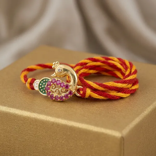 925_Silver_Gold_Plated_Peacock_Design_Rakhi_With_Red_And_Yellow_Thread