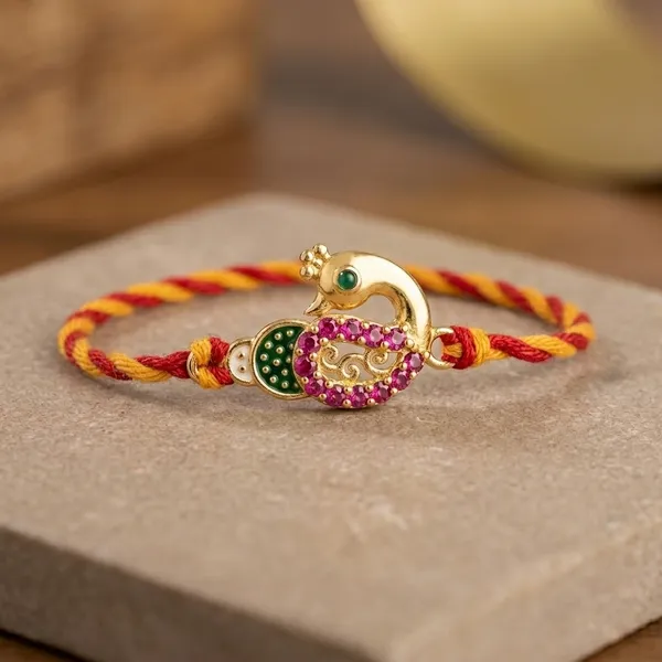 925_Silver_Gold_Plated_Peacock_Design_Rakhi_With_Red_And_Yellow_Thread